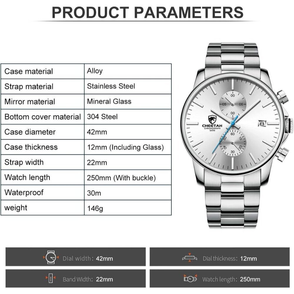 ⚡Silver White Men Watches with Black Stainles Steel and Metal Casual Waterproof - Picture 4 of 8